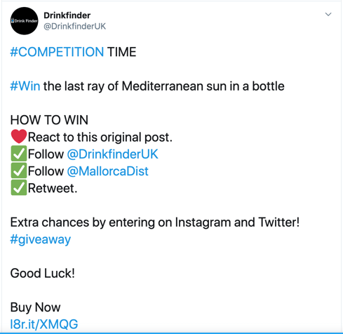 A Twitter screenshot of a brand organizing a giveaway on Instagram
